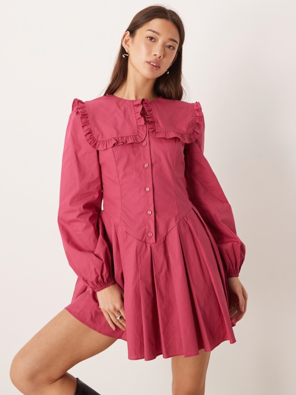 NWT ASOS Glamorous Long Sleeve Dramatic Collar Mini Dress Berry Peter Pan